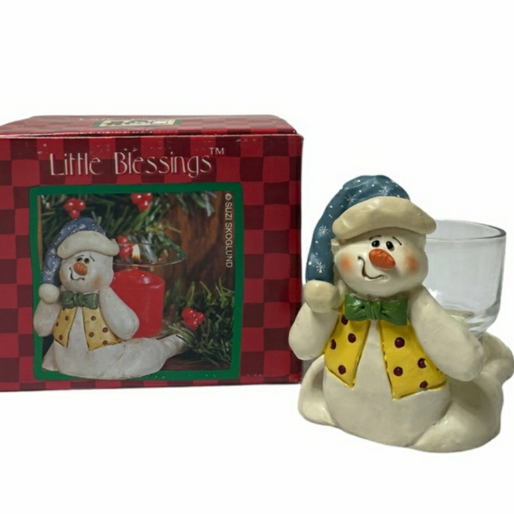 Snowman Blessings Candle Holder Vintage 90s Y2K Retro Christmas Ornaments White
